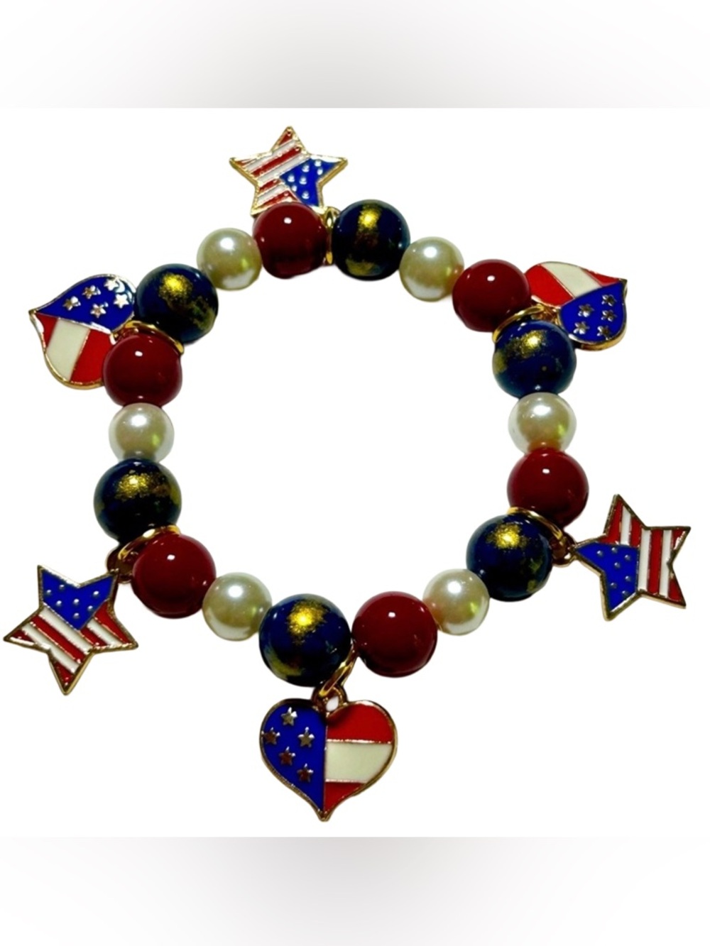 Handmade Patriotic Beaded Bracelet with Heart & Star Charms